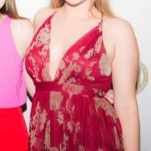 Red, Tan Floral Low-Cut Maxi Dress